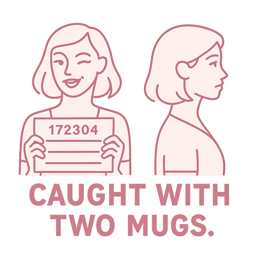 Illustration of a person holding a mugshot-style board with text '172304' and 'Caught with Two Mugs.'