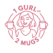 Logo with a stylized illustration of a woman holding two mugs and the text '1 GURL 2 MUGS'.