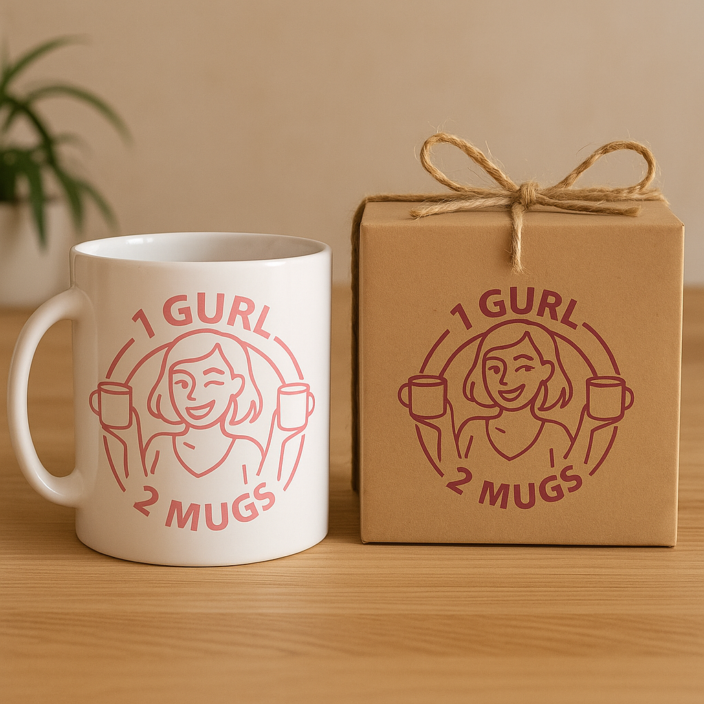 White mug and brown gift box with '1 Gurl 2 Mugs' design on a wooden surface.