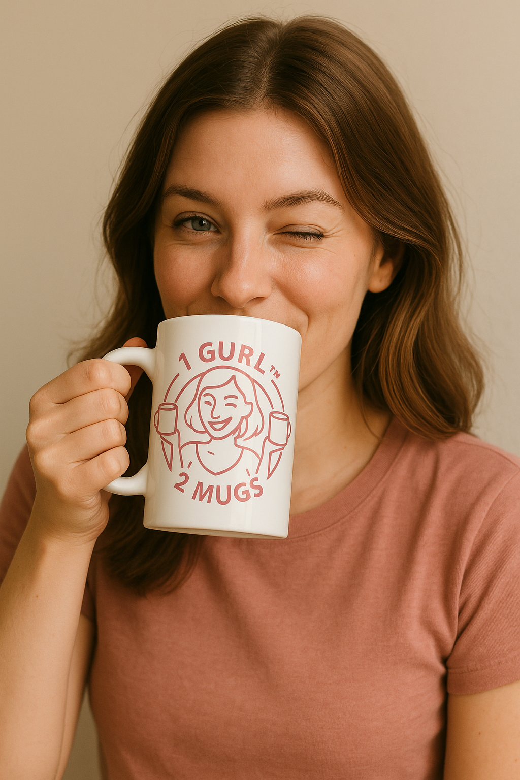 Woman drinking from a mug with a graphic design and text on a beige background