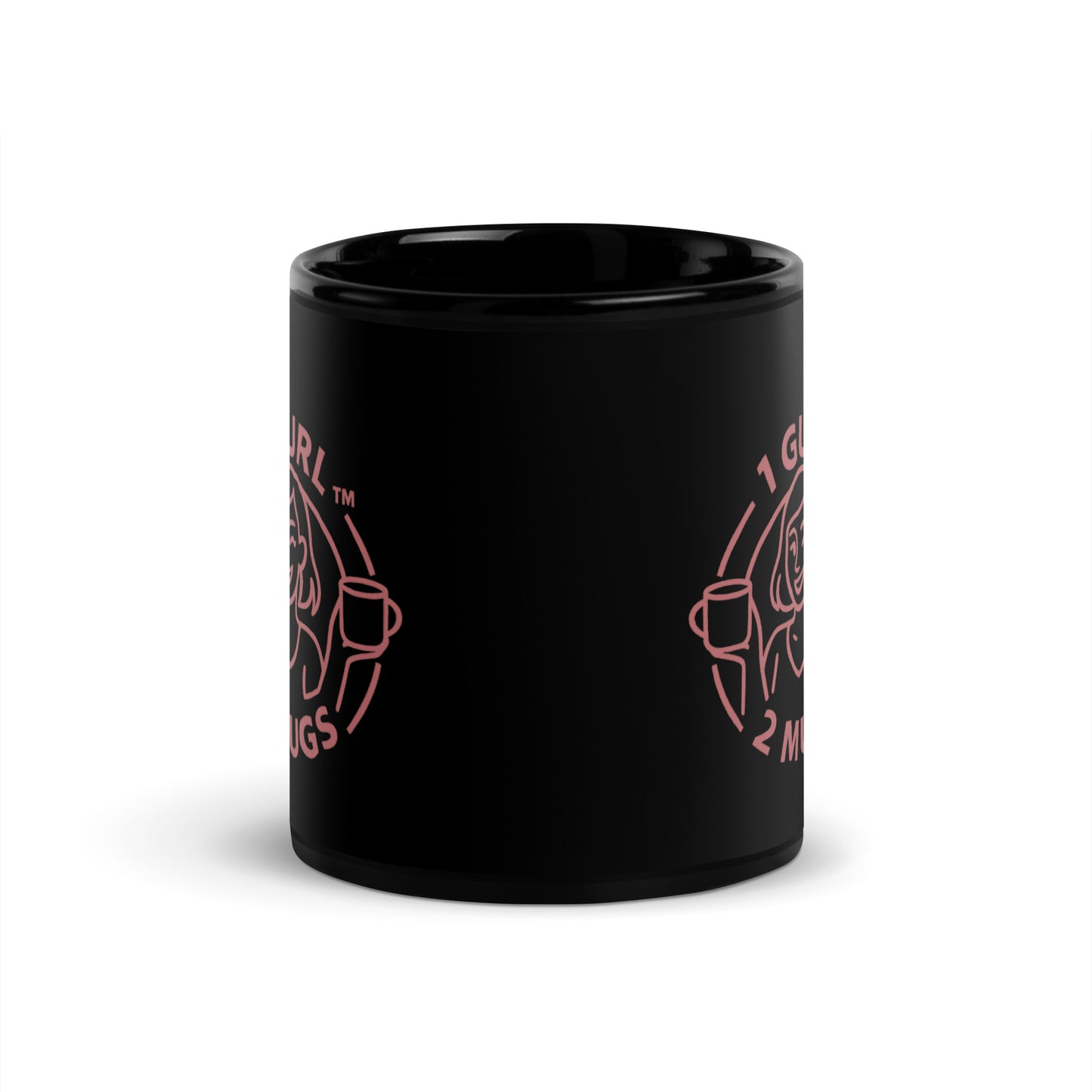 Black mug with pink graphics and text on a white background