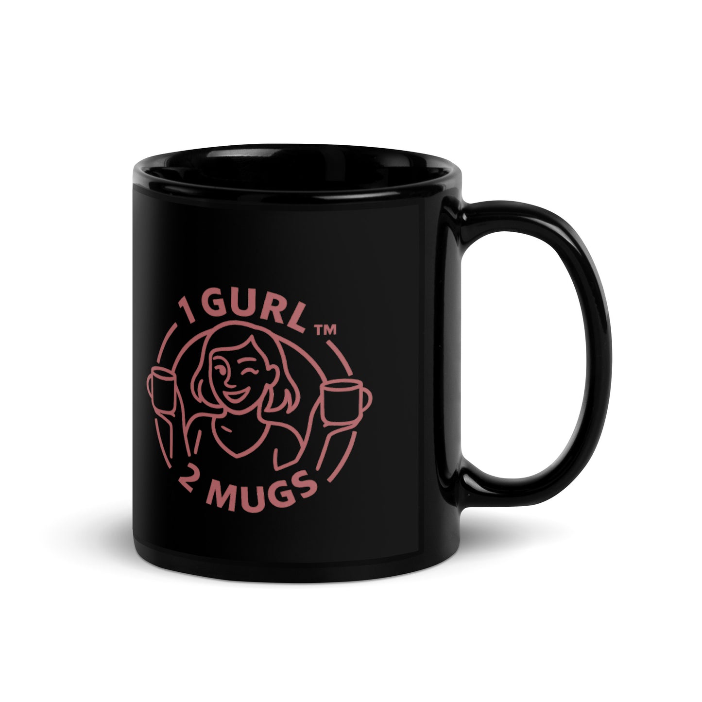 Black mug with pink graphic and text on a white background