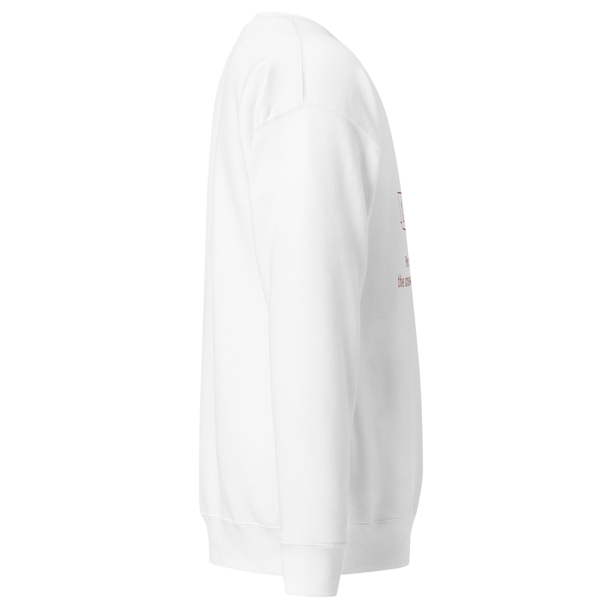 White sweatshirt with a brand logo on a white background